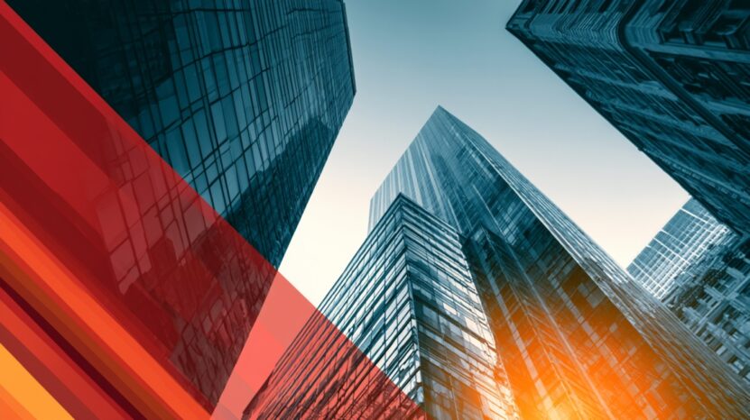 Modern skyscrapers viewed from below with red and orange graphic overlays.