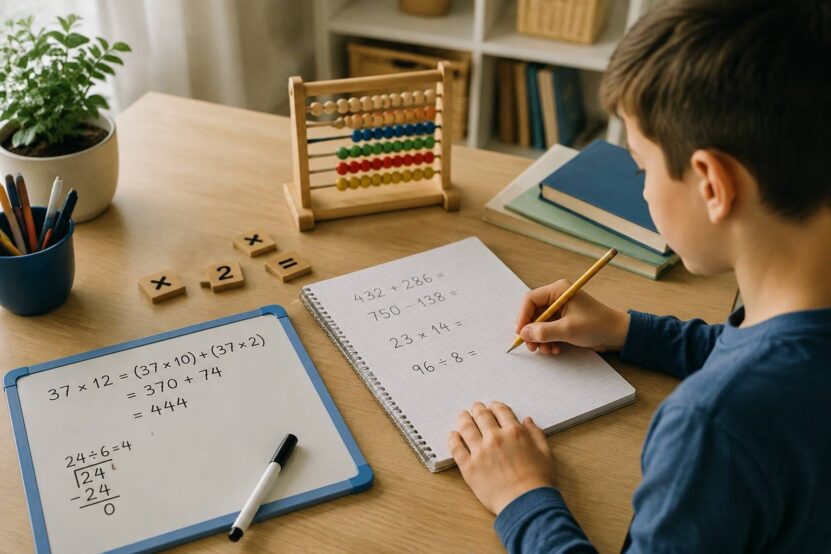 Child solving addition, subtraction, multiplication, and division problems.