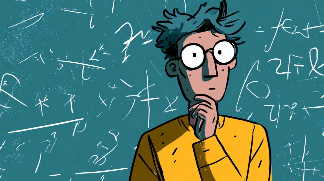 Person thinking in front of a board with math equations.