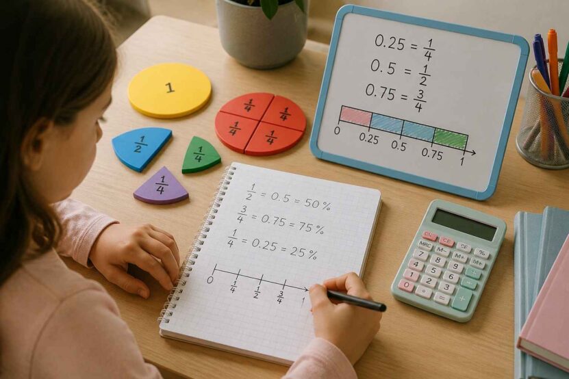 Child practicing fractions and decimals with visual learning tools.