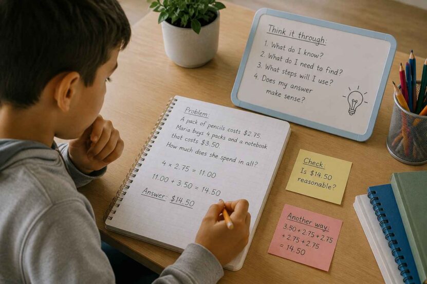 Child working through a multi-step math word problem.