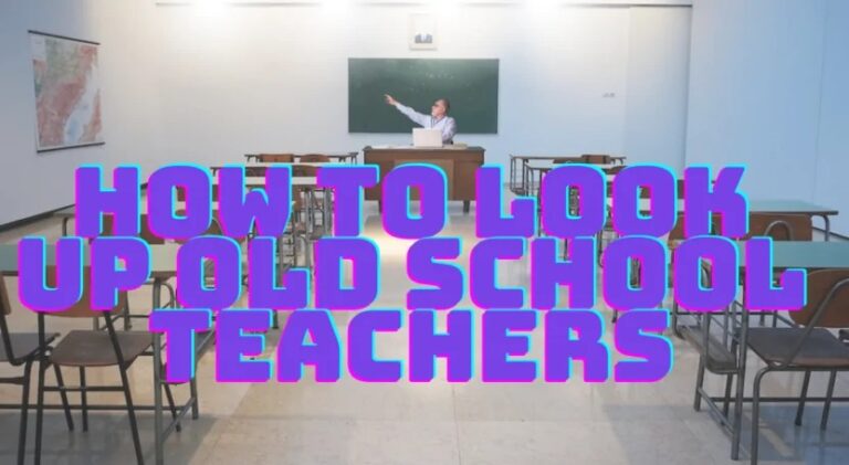 Empty classroom with a teacher at the front and bold text about finding old school teachers