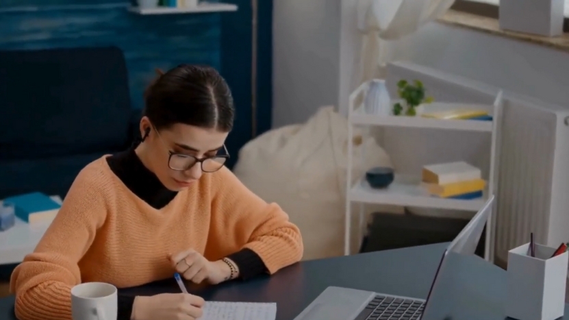 A Woman Studies at Her Desk with A Laptop and Notes
