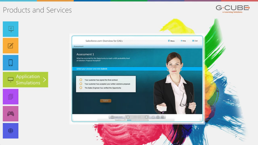 G-Cube eLearning Interface Showcasing an Assessment Screen with Interactive Options
