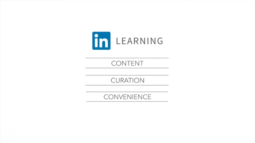 LinkedIn Learning Logo with The Words Content, Curation, and Convenience Listed Below