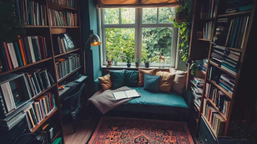 A well-organized, colorful reading nook with bookshelves, a cushioned bench by the window, and an open notebook