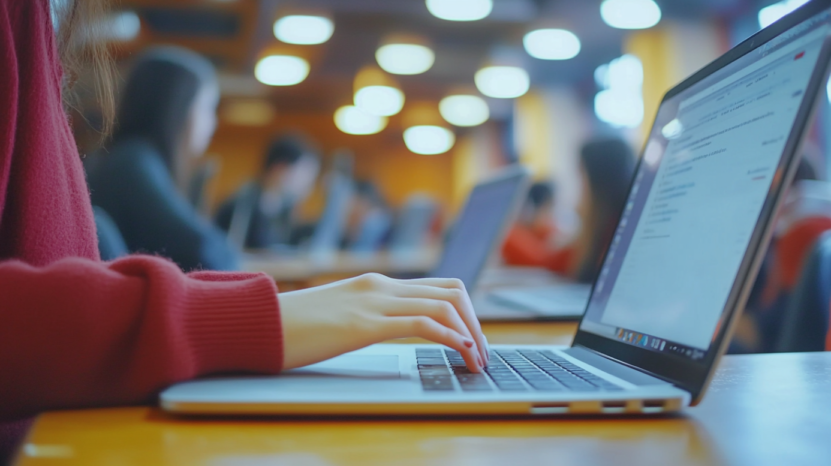 A Person Typing on A Laptop in A Classroom, Engaged in Online Learning
