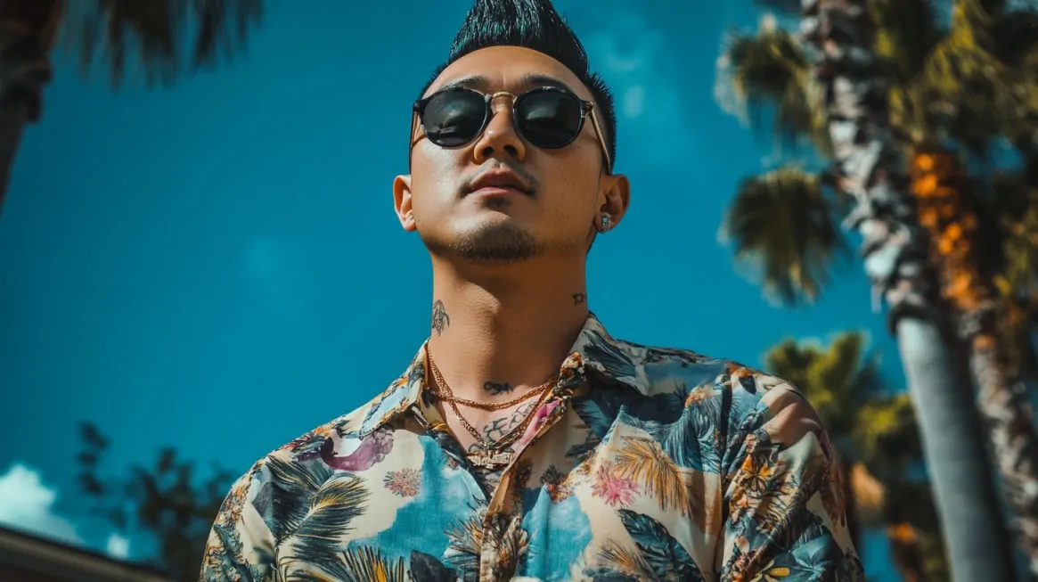 Stylish man wearing sunglasses and a tropical print shirt, standing under palm trees with a bright blue sky background