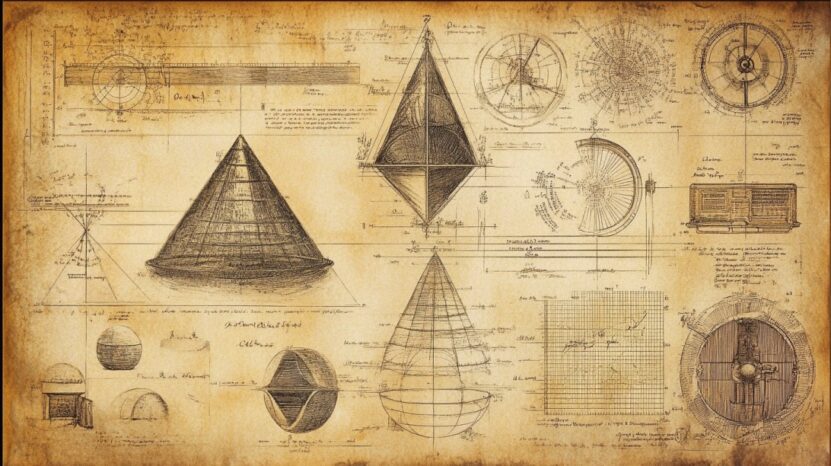 Vintage-style scientific drawings and diagrams of cones, spheres, and mechanical structures on aged parchment