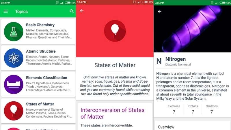 User interface of the Chemistry Pro App app