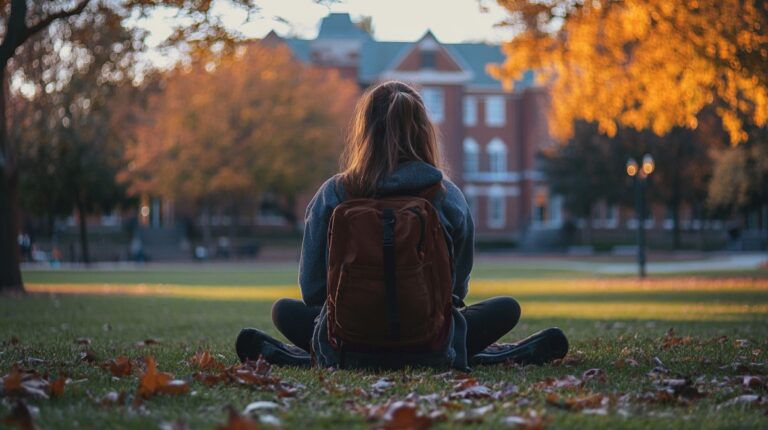 A student with a backpack sits cross-legged on a grassy campus lawn, facing a brick university building with autumn trees in the background