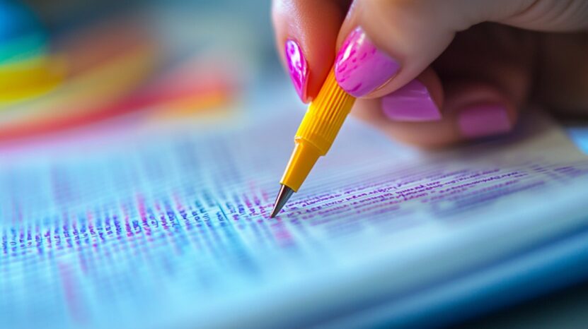 Close-up of a hand with pink nails using a yellow highlighter to underline text in purple on a page