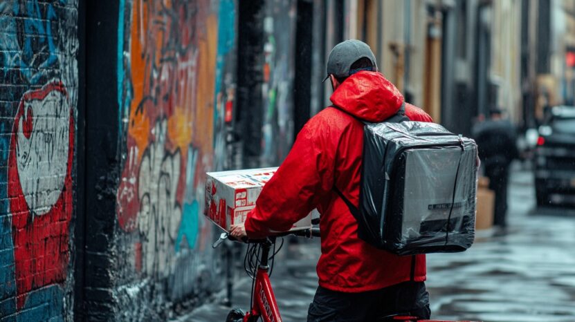 Delivery rider wearing a red jacket, carrying a large insulated backpack and a package while riding a bicycle through a graffiti-lined alley