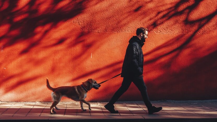 Man walking a dog along a sidewalk against a vibrant red wall, with long shadows cast on the ground