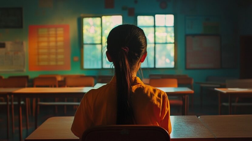 Girl in a classroom facing a brightly lit window, suggesting focus or learning in a quiet environment