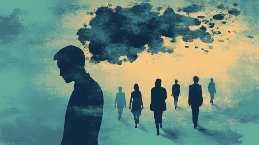 Silhouetted figure with a dark cloud overhead, symbolizing emotional burden and isolation