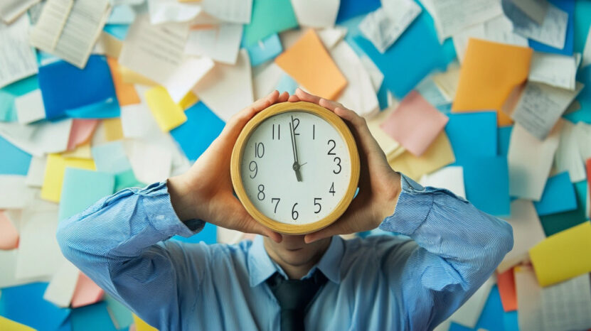 Person holding a clock in front of their face, surrounded by scattered documents