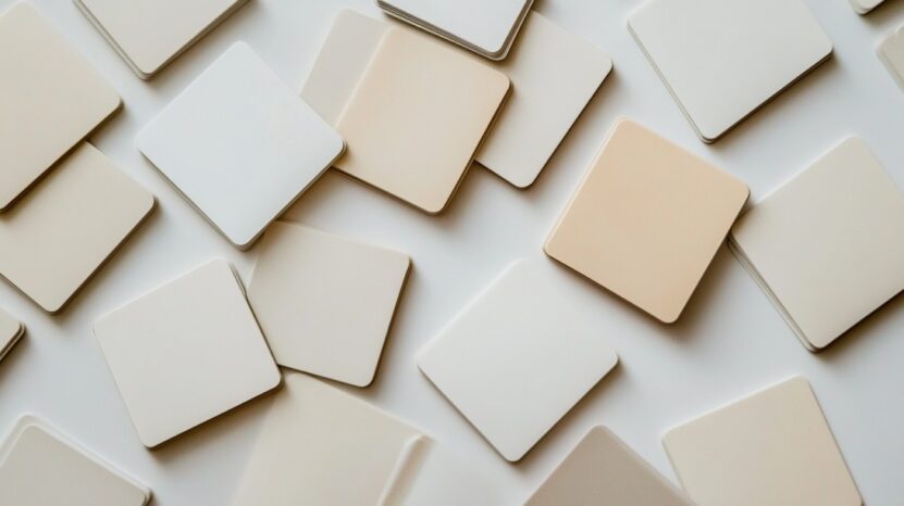 Flat lay of beige and white square flashcards arranged randomly on a light surface