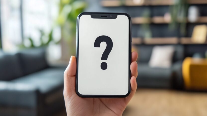 Hand holding a smartphone with a large question mark on the screen, blurred living room background