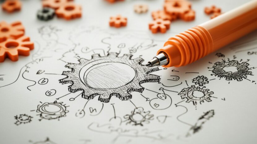 Close-up of a hand-drawn gear diagram with an orange pen and plastic gears around it on a desk