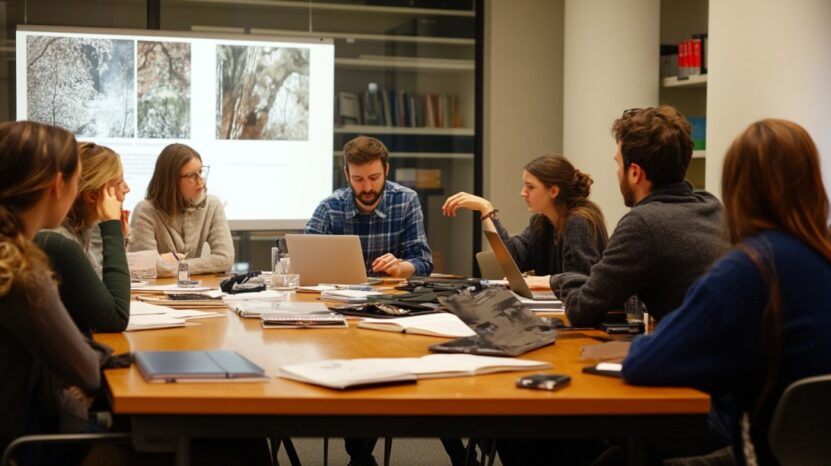 Students sitting around a table in a group discussion, with laptops, notebooks, and a screen displaying images