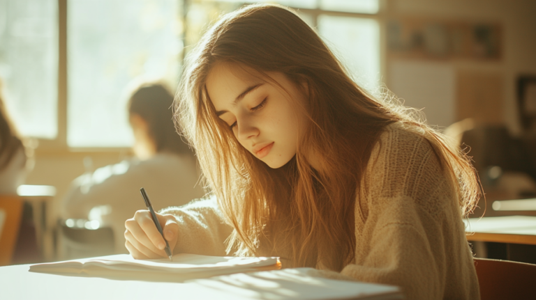 A Person in A Beige Sweater Writing in A Notebook During the Day, with Soft Sunlight Streaming in From the Window, Preparing for The SAT