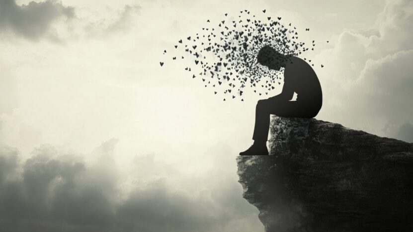 Silhouette of a person sitting on a cliff with their head dissolving into scattered shapes, symbolizing emotional isolation