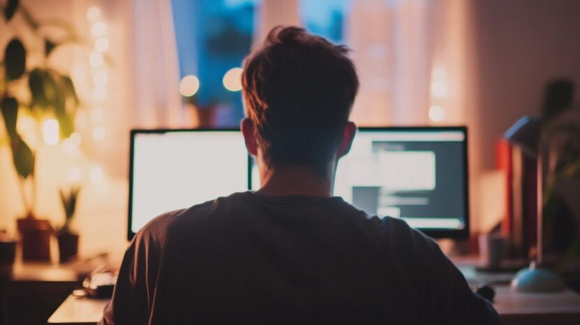 Young man working late at a computer desk, illuminated by soft ambient lighting