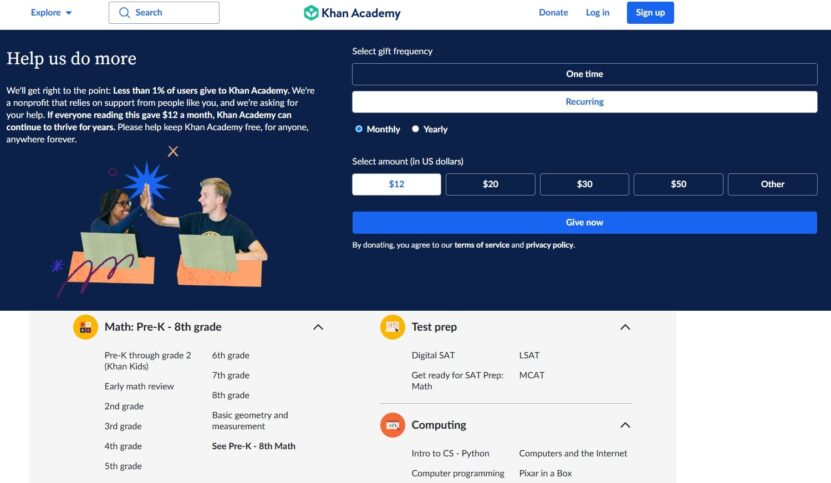 Screenshot of the Khan Academy website