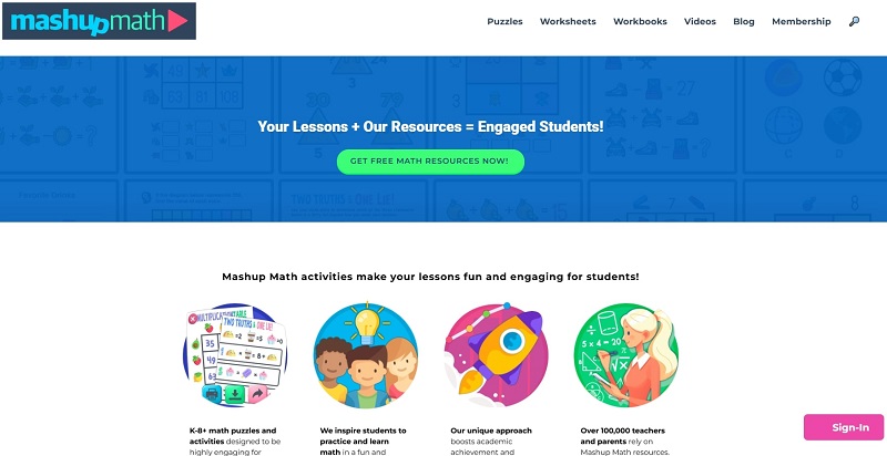 Screenshot of the Mashup Math website