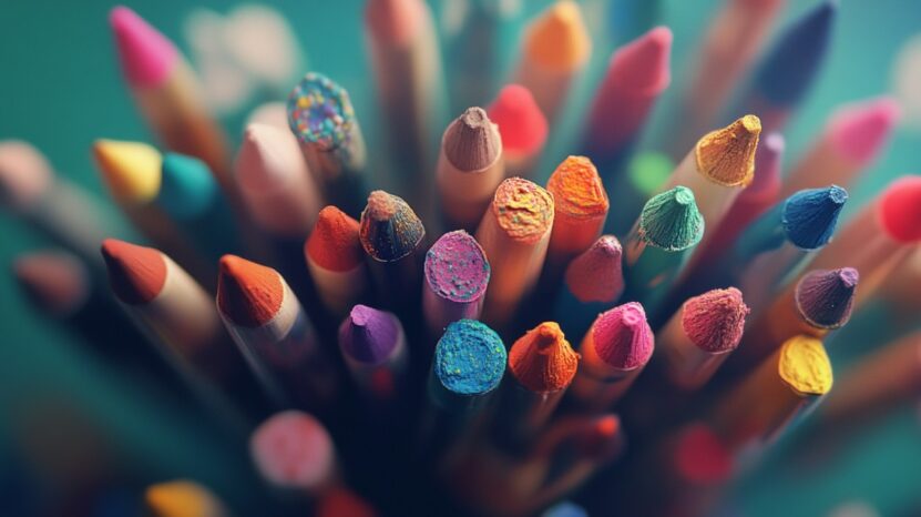 Close-up of the tips of various colorful pencils arranged in a circular pattern