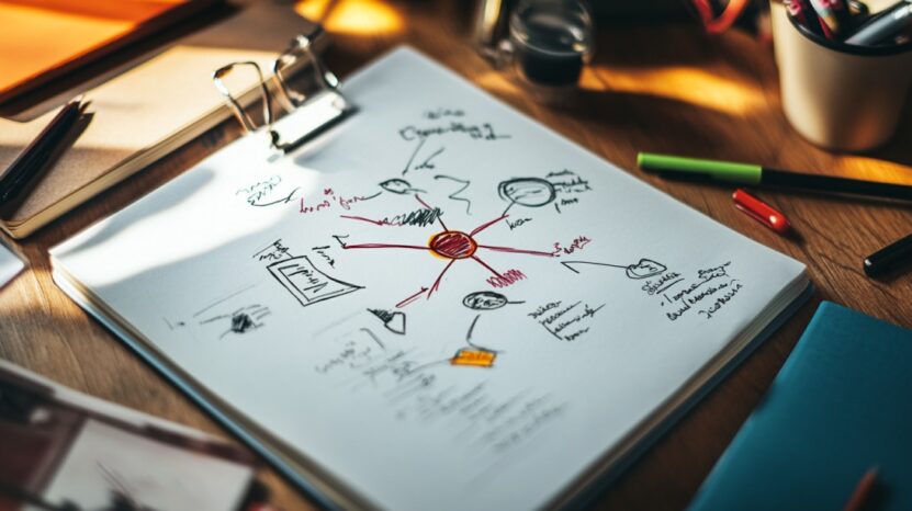 A colorful hand-drawn mind map on a white paper clipped to a board, with pens and notebooks around it on a wooden desk