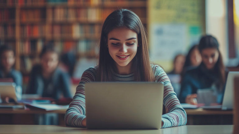 A Student Engaged in Online Learning Using a Laptop in A Classroom Setting
