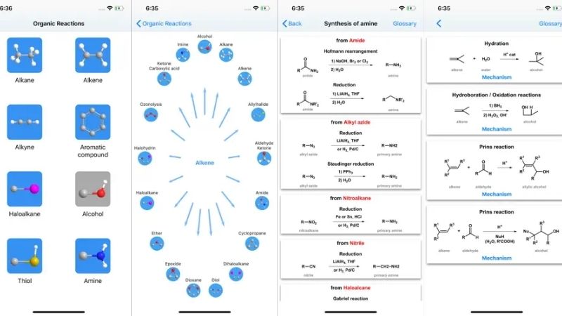 User interface of the Organic Reactions app