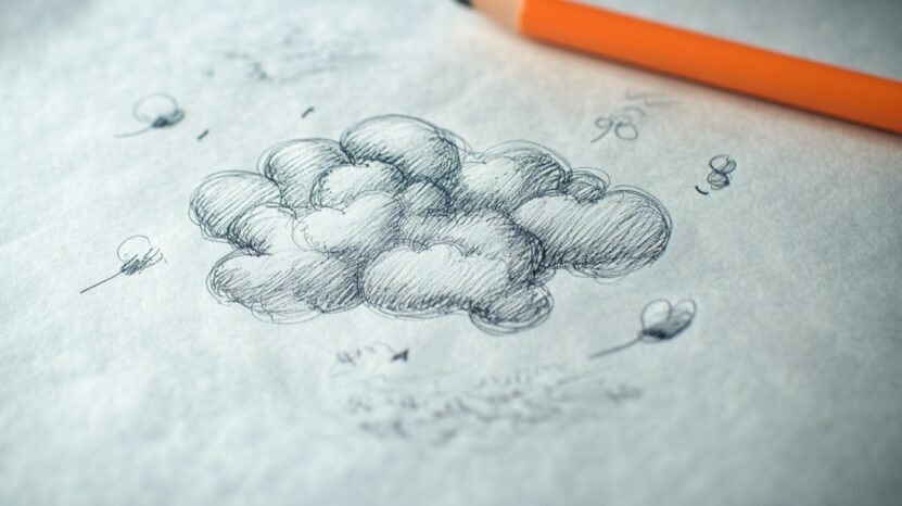 A close-up of a paper with a hand-drawn cloud sketch and light scribbles, next to an orange pencil