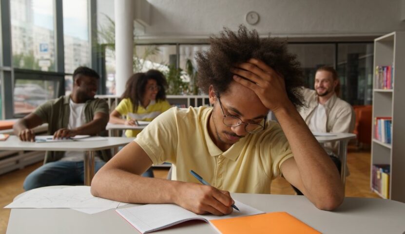 Focused student diligently taking notes during a classroom session