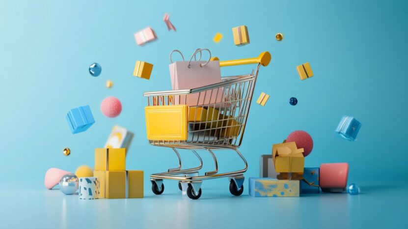 Shopping cart filled with gift boxes and packages, surrounded by floating colorful shapes, against a blue background
