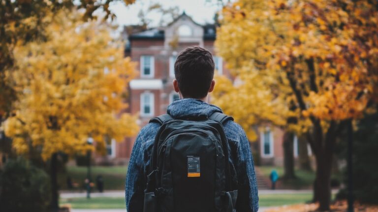 Student wearing a backpack standing on a college campus in autumn, with yellow and orange leaves surrounding a historic building