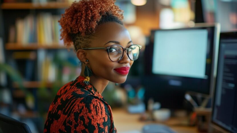 Confident young woman with glasses working at a computer in a stylish office setting