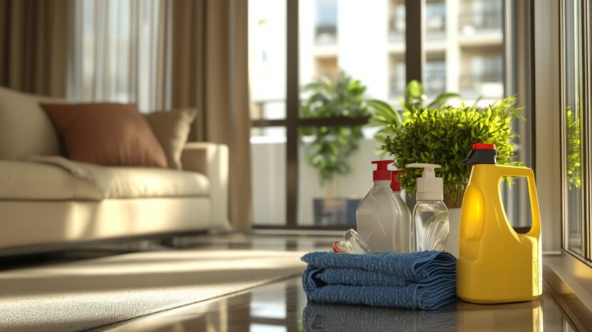 Cleaning supplies and folded towels on the floor in a bright, modern living room