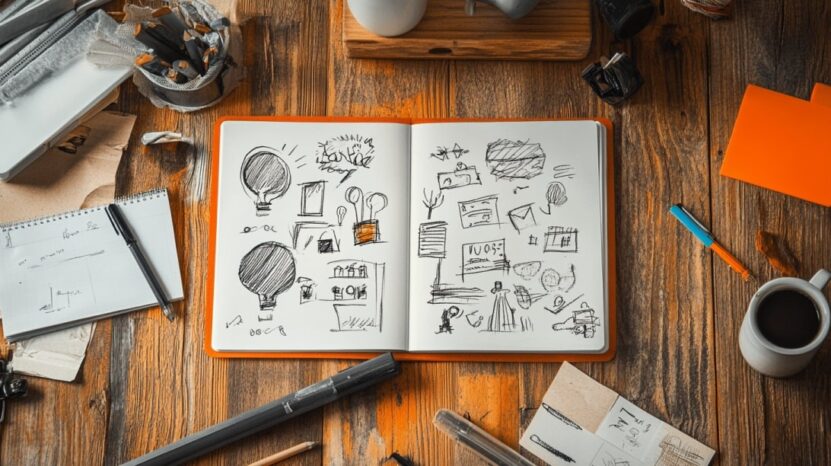 Open notebook on a wooden desk with various hand-drawn sketchnotes including lightbulbs, icons, and diagrams, surrounded by pens and coffee