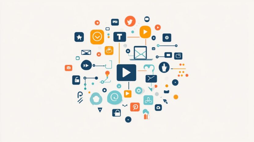 Abstract illustration of interconnected social media icons and symbols forming a circular network