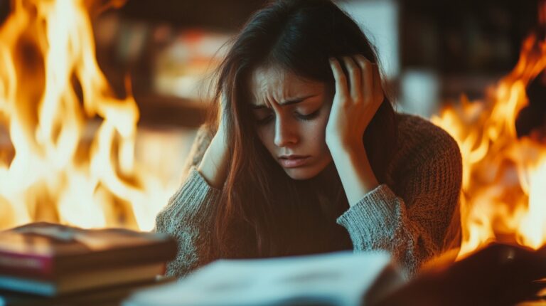 Stressed teacher sitting with head in hands, surrounded by flames and books