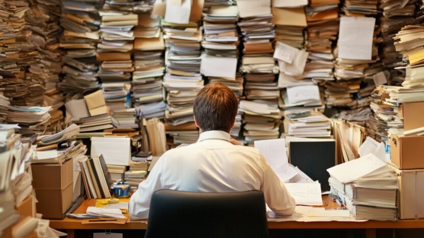 A person sitting at a desk surrounded by overwhelming stacks of paperwork and documents