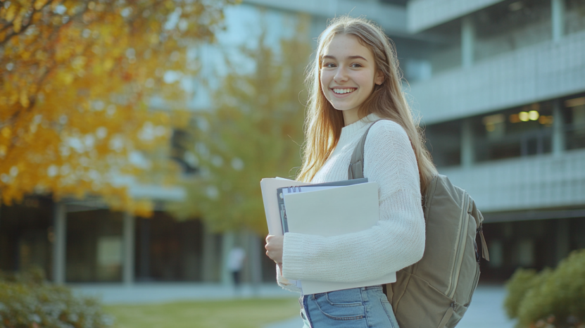 A Smiling Student Holding Notebooks in Front of A University Building with A Backpack