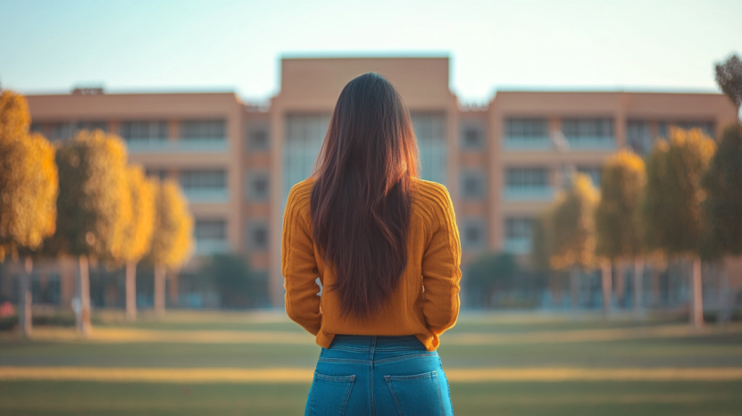 A Person Standing in Front of A College Building, Looking at The Campus