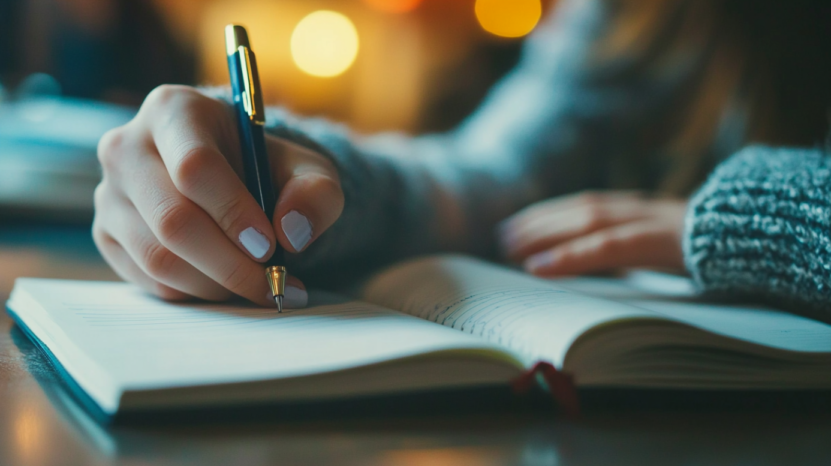A Close-Up Shot of A Person with Light Purple Nails Writing in A Notebook with A Pen