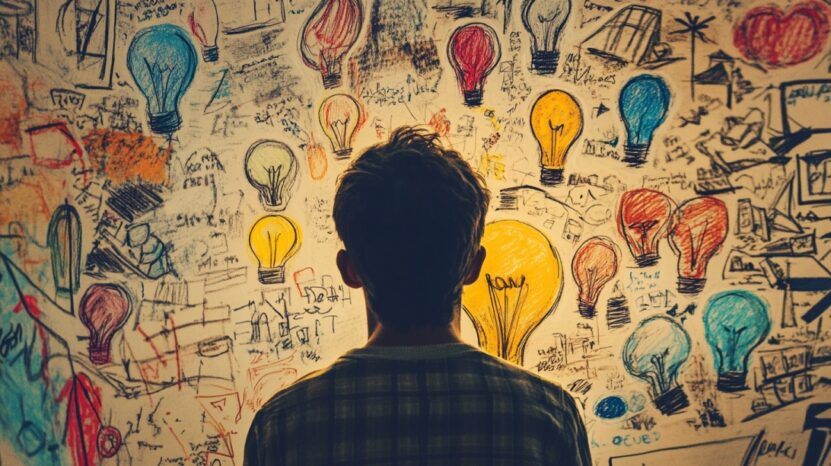 Person standing in front of a wall covered in colorful drawings of light bulbs and sketches, symbolizing creative thinking and study techniques