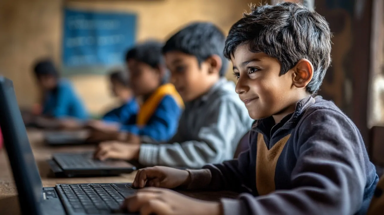 Smiling young boy using a laptop in a classroom setting with other children in the background, focused on digital learning