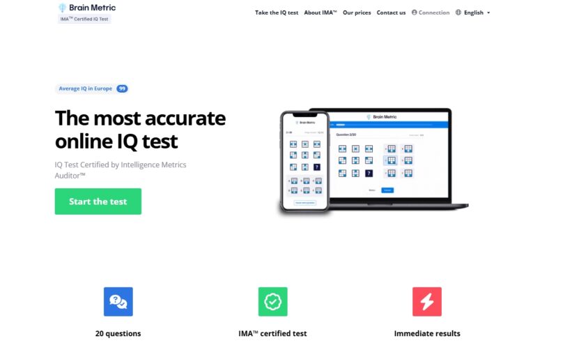 Homepage of Brain Metric showing a smartphone and laptop with an IQ test interface and a green 